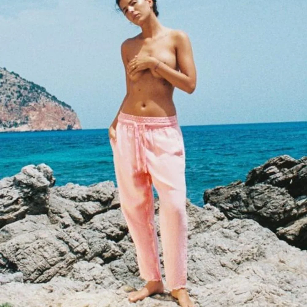 Zara Raw Hem Trousers Pink Linen Blend High Rise Utility Joggers